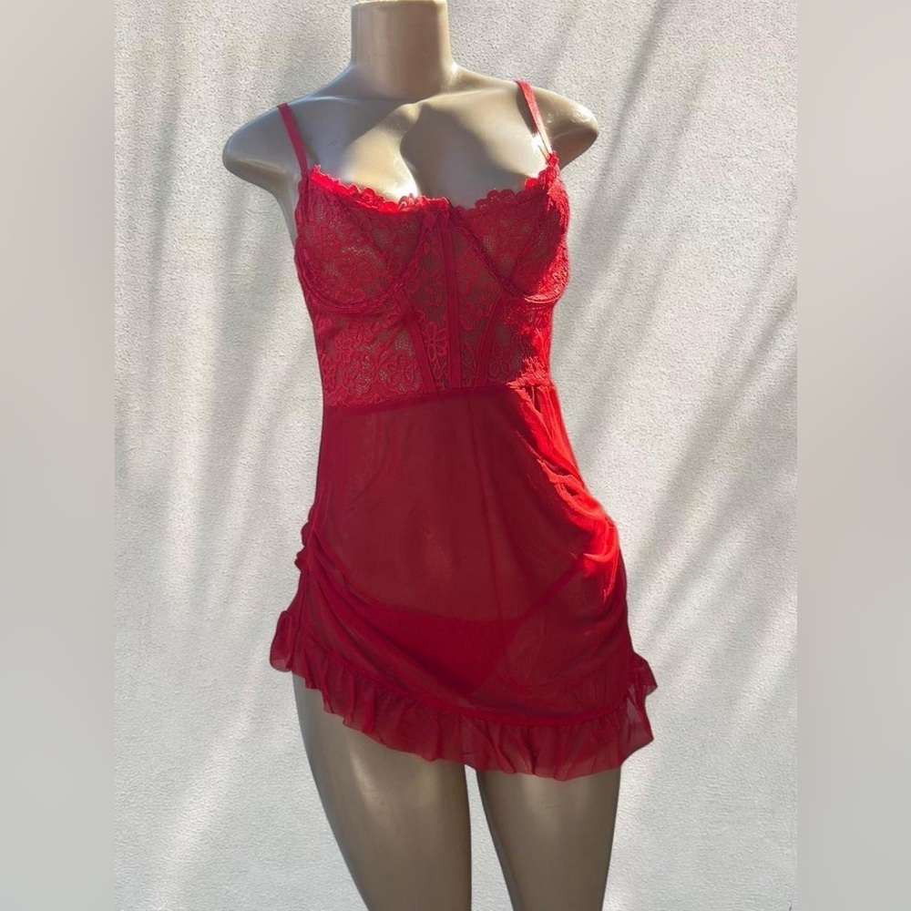 Red Lace Sheer Mini Dress ❤️ Ruffle Hem Slip / Lingerie Style - Picture 3 of 6